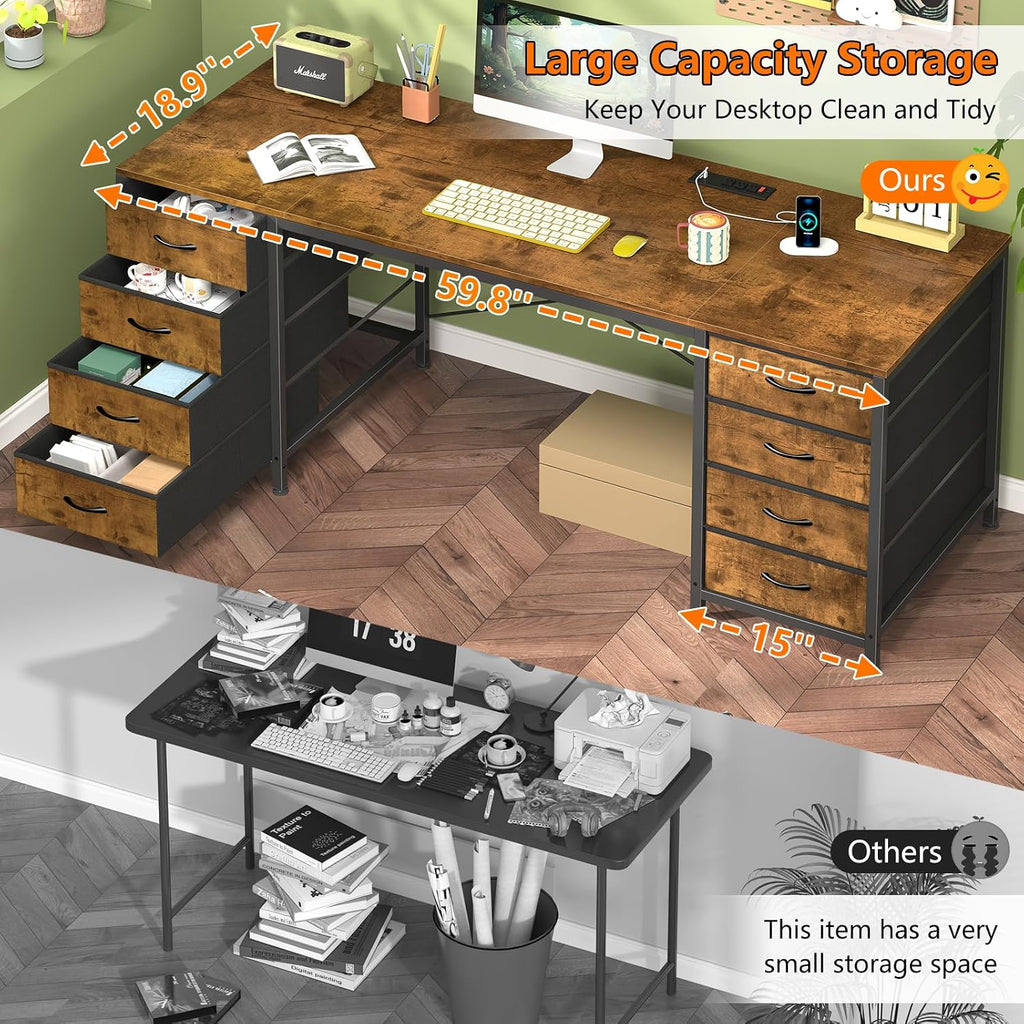 YOMILUVE 60 Inch Computer Desk with 8 Drawers, Home Office Desk with Power Outlets, Work Study Gaming Desk with 8 Fabric Drawers, Rustic Brown