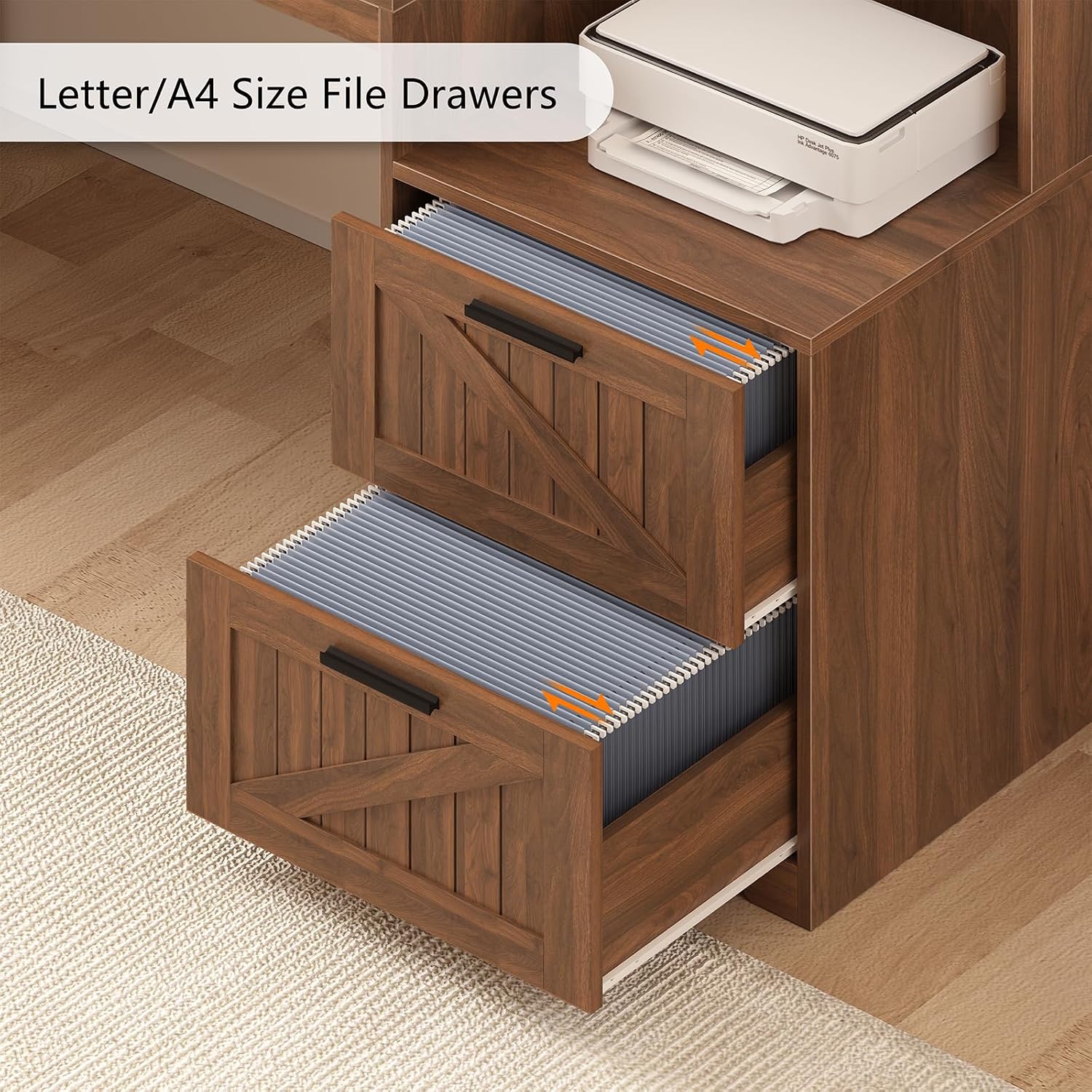 TVU Farmhouse L Shaped Desk with Drawers, 62.2' Home Office Desk with Storage Shelves and Power Outlet, L Shaped Computer Desk with Monitor Stand and Printer Shelf, Brown