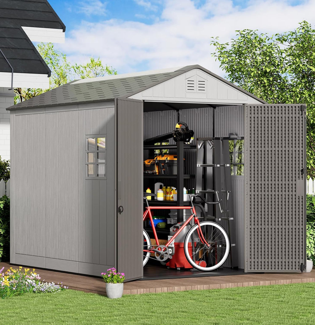 KINYING 6x9 FT Outdoor Storage Shed with Floor,Resin Outdoor Garden Tool Shed with Windows,Lockable Weather Resistant Large Plastic Shed for Bike Storage,Lawn Mower,Pool Supplies