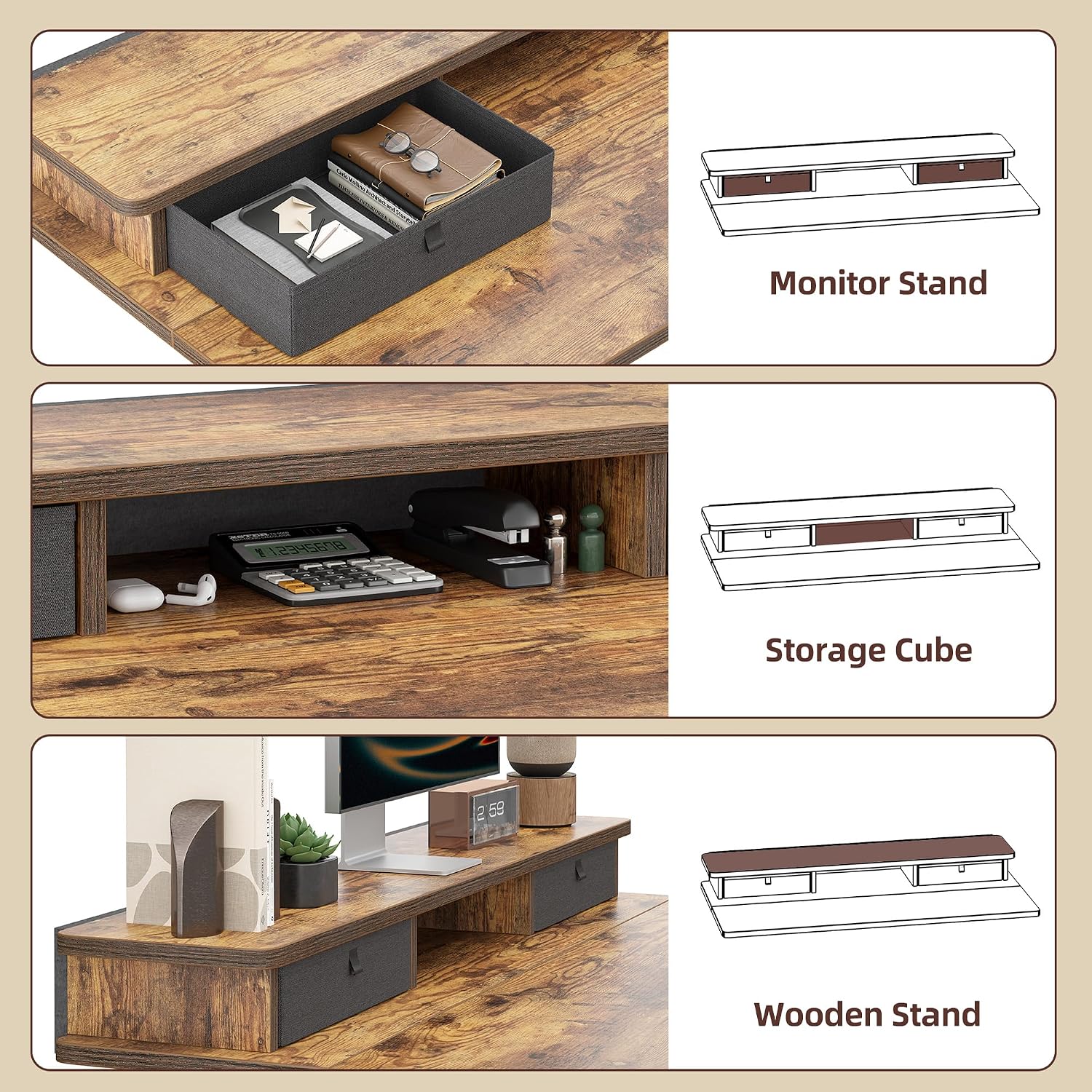 TIQLAB Standing Desk with Two Drawers, Stand Up Standing Desk Adjustable Height, Electric Sit Stand Table with Storage Shelf and Splice Board, 63 * 24 inch, Rustic Brown