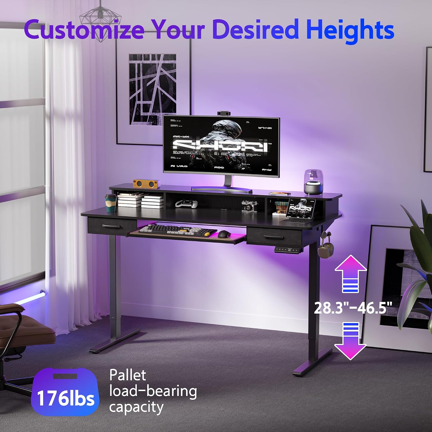 WALKINGDESK 55x24 Inches Electric Standing Desk with Keyboard Tray, Height Adjustable Stand up Desk with 2 Drawers, Ergonomic Sit to Stand Desk with Storage Monitor Stand, Computer Table, Black