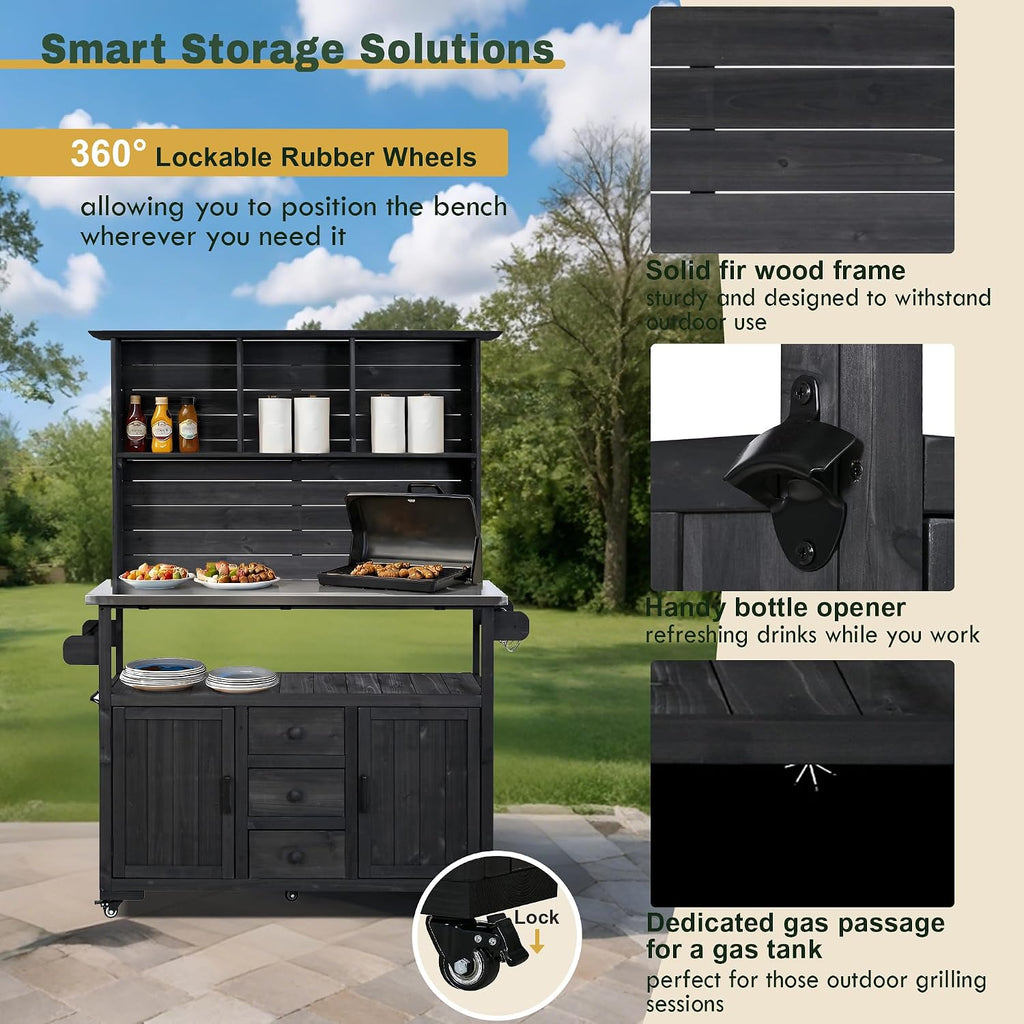 65''H Large Garden Potting Bench, Solid Fir Wood Outdoor Kitchen Island with Lockable Wheels, Stainless Steel top, Drawers, Shelf and Cabinets, Door Shelves and Hutch for Grilling (Black-113)