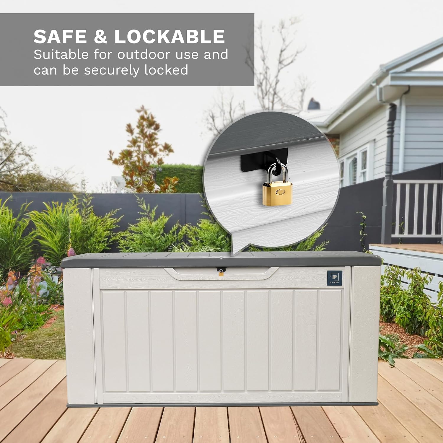 230 Gallon Large Deck Box, Durable Waterproof Resin Deck Box for Patio Furniture, Garden Tools, Pool Storage (White, 150Gallon)