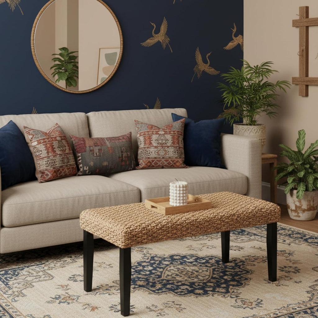Solid Wood Acacia Indoor Bench with Natural Woven Seat, Boho Bench Entryway, Wood Bench for Living Room, Wooden Bench for Bedroom, Farmhouse Entryway Bench, Dining Benches (Black, Water Hyacinth)