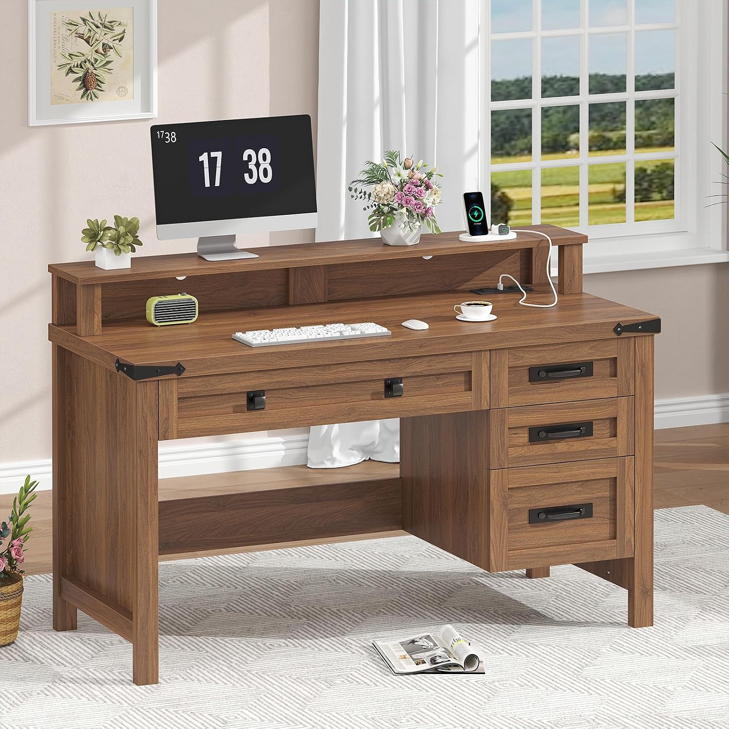 YOMILUVE Farmhouse Executive Desk with Drawers, 47' Computer Desk with Power Outlets, Home Office Desk with Monitor Stand & 4 Drawers, Small Desk Writing Study Table, Brown