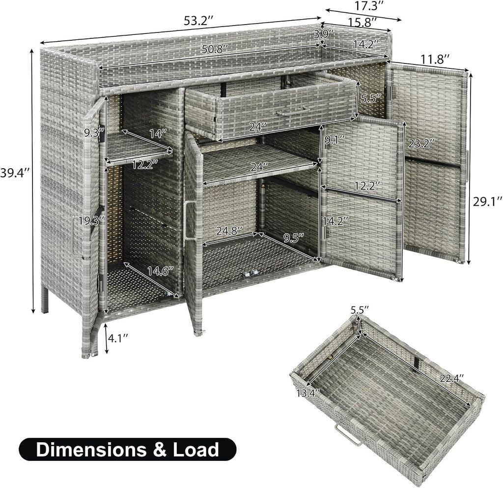 53.2' W Outdoor Weather-Proof Rattan Storage Cabinet with Tempered Glass Top, Outdoor Wicker Bar Table with One Large Drawer & Adjustable Shelves for Patio, Garden, Pool, Grey