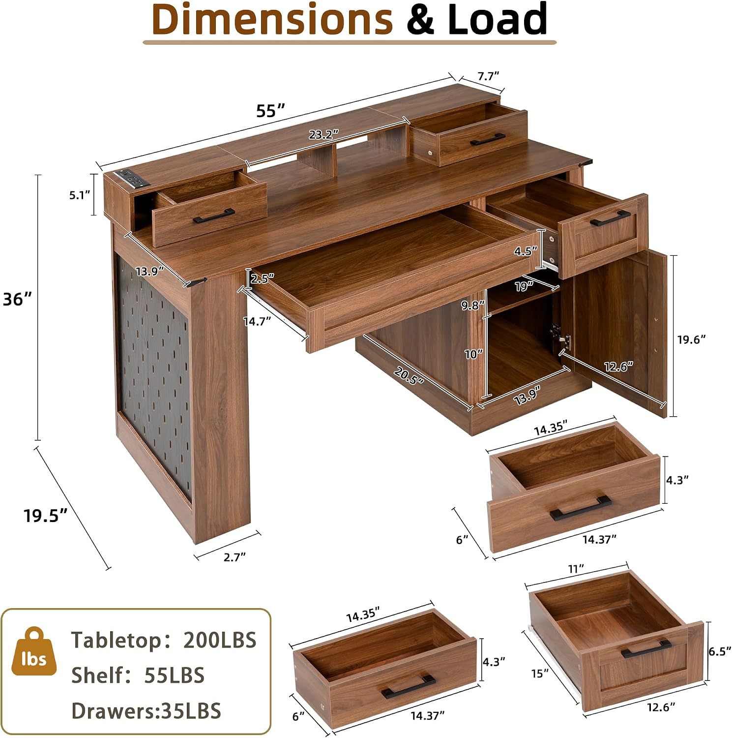 55' Farmhouse Computer Desk with Power Outlets, Removable Monitor Stand with Drawers, Convertible Keyboard Tray & Storage Cabinet, Home Office Writing Desk with Pegboard Organizer