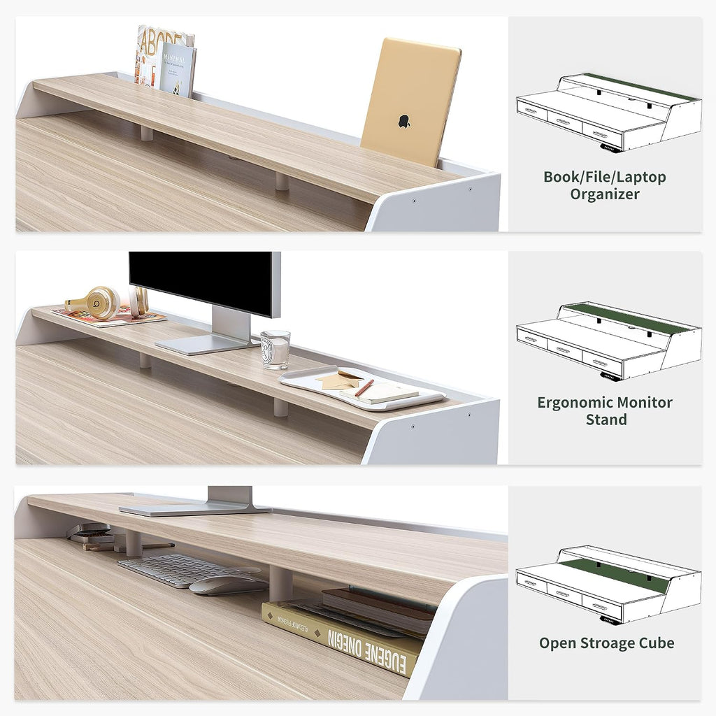 FEZIBO Electric Standing Desk with Drawers, 55x26 Inch Standing Desk Adjustable Height, Stand Up Desk with Monitor Shelf, Sit Stand Home Office Desk, Light Walnut