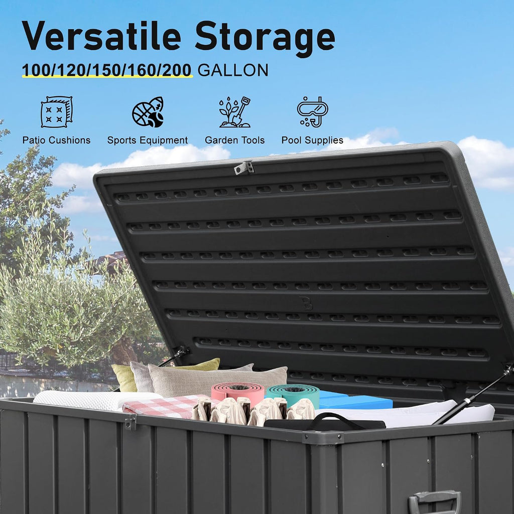 Domi Deck Box Outdoor Storage Box 100 Gallon, Large Metal Storage Cabinet with Resin Lid, Waterproof Lockable Patio Storage Box for Cushions Garden Tools Pool-Supplies, Dark Grey