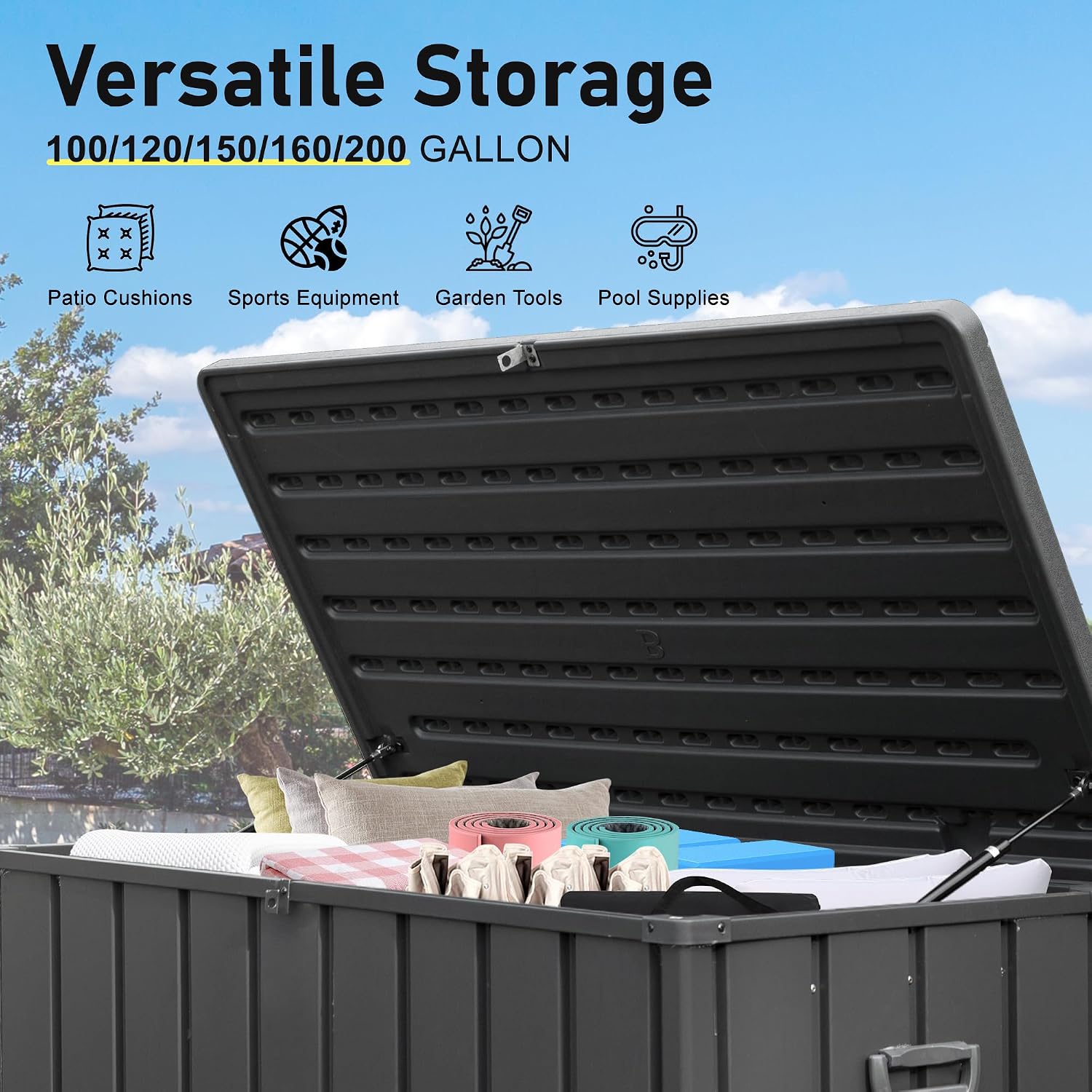 Domi Deck Box Outdoor Storage Box 100 Gallon, Large Metal Storage Cabinet with Resin Lid, Waterproof Lockable Patio Storage Box for Cushions Garden Tools Pool-Supplies, Dark Grey