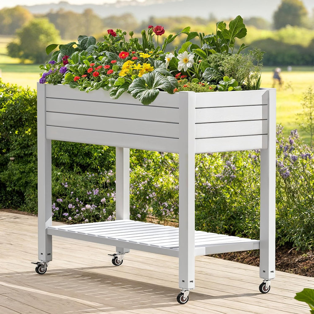 DWVO Raised Garden Bed Kit, 3.6 x 1.5 x 2.8 FT Outdoor Plastic Planter Box with Wheels and Legs, Garden Box with Drain Plug & Storage Shelf for Planting Vegetables, Flowers, and Herbs, Grayish-White
