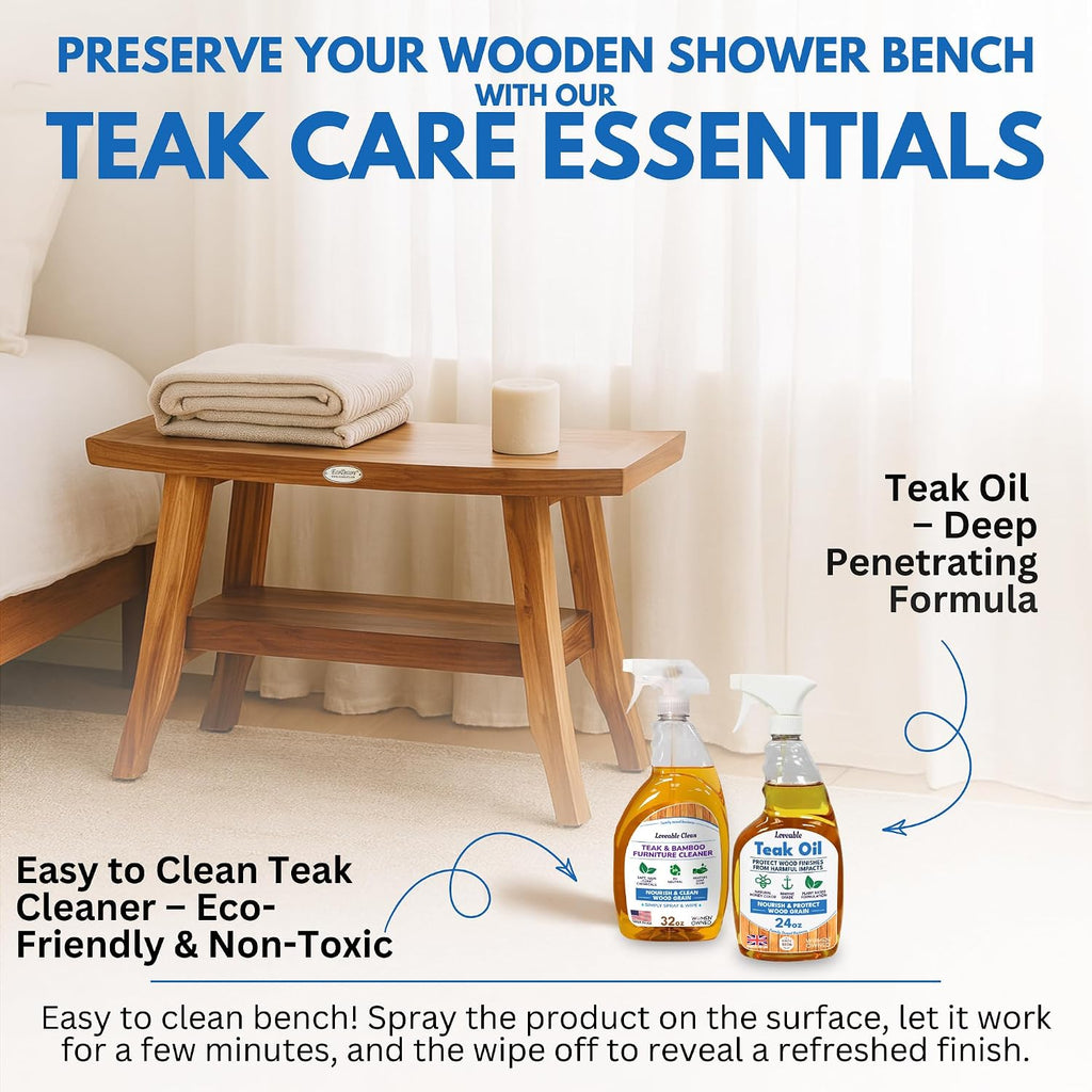 EcoDecors 28' Satori Teak Shower Bench –Bath Seat, Natural Wood Finish Water-Resistant Spa Bench | Slatted Design & Adjustable Feet for Indoor Outdoor Use | Sturdy & Safe
