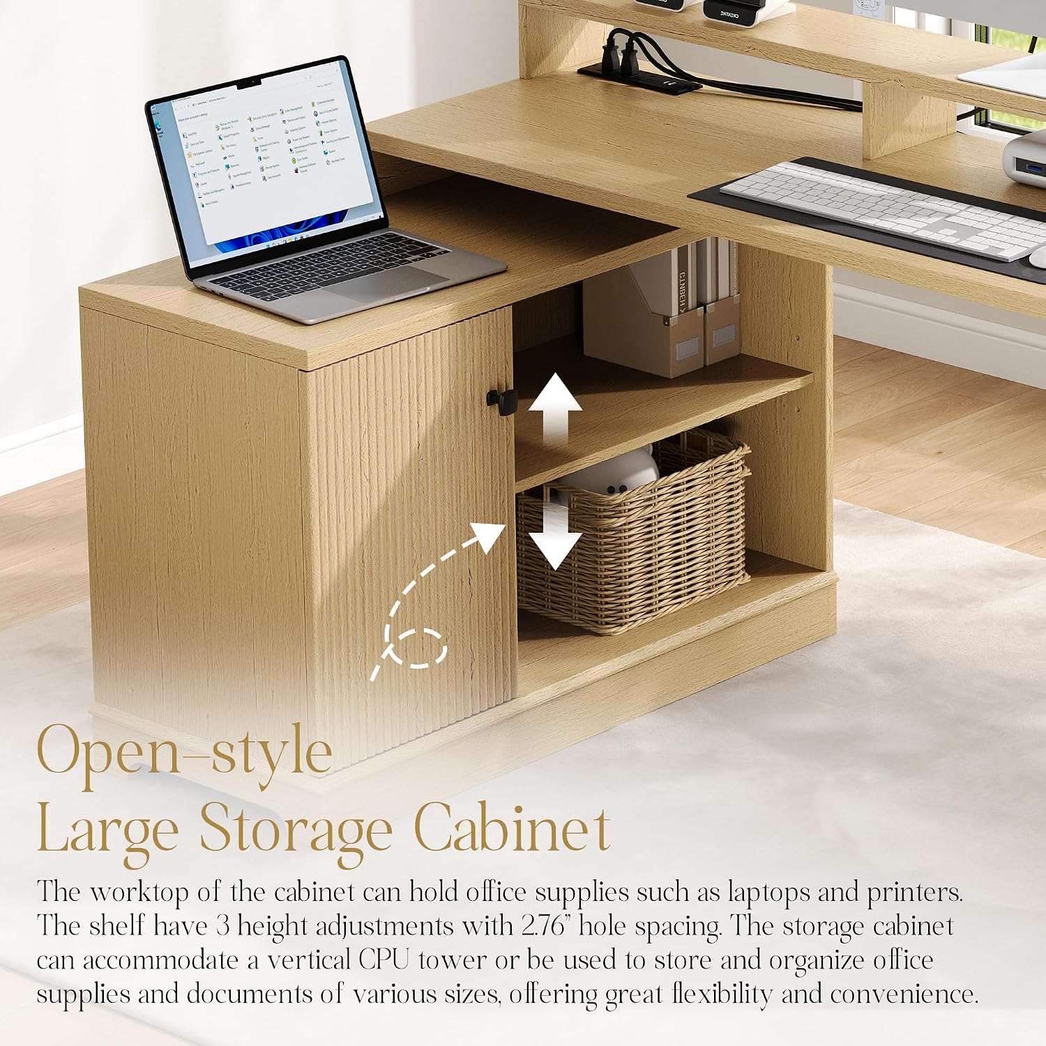 67' L Shaped Executive Desk with Drawers & Storage Shelf, Corner Computer Desk with Power Outlets, Home Office Desk with Monitor Stand, Printer Shelf, Computer Writing Desk for Work, Oak