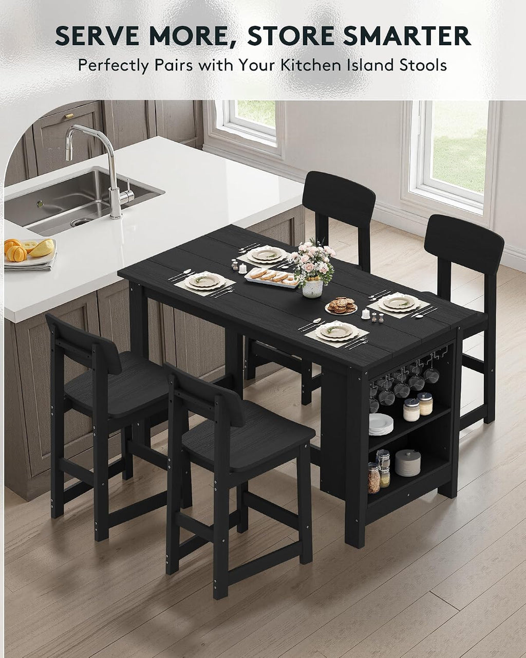 SERWALL 10-Piece HDPE Counter Height Dining Table Sets with Storage and Wine Rack, 2 Rectangular Bar Table with Bar Stools Set of 8 for Garden, Backyard, Kitchen, Black