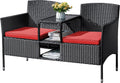 Flamaker Outdoor Furniture Patio Loveseat Wicker 2-Seat with Built-in Table and Cushions Rattan Porch Chairs Bench for Balcony, Lawn, Backyard (Red)
