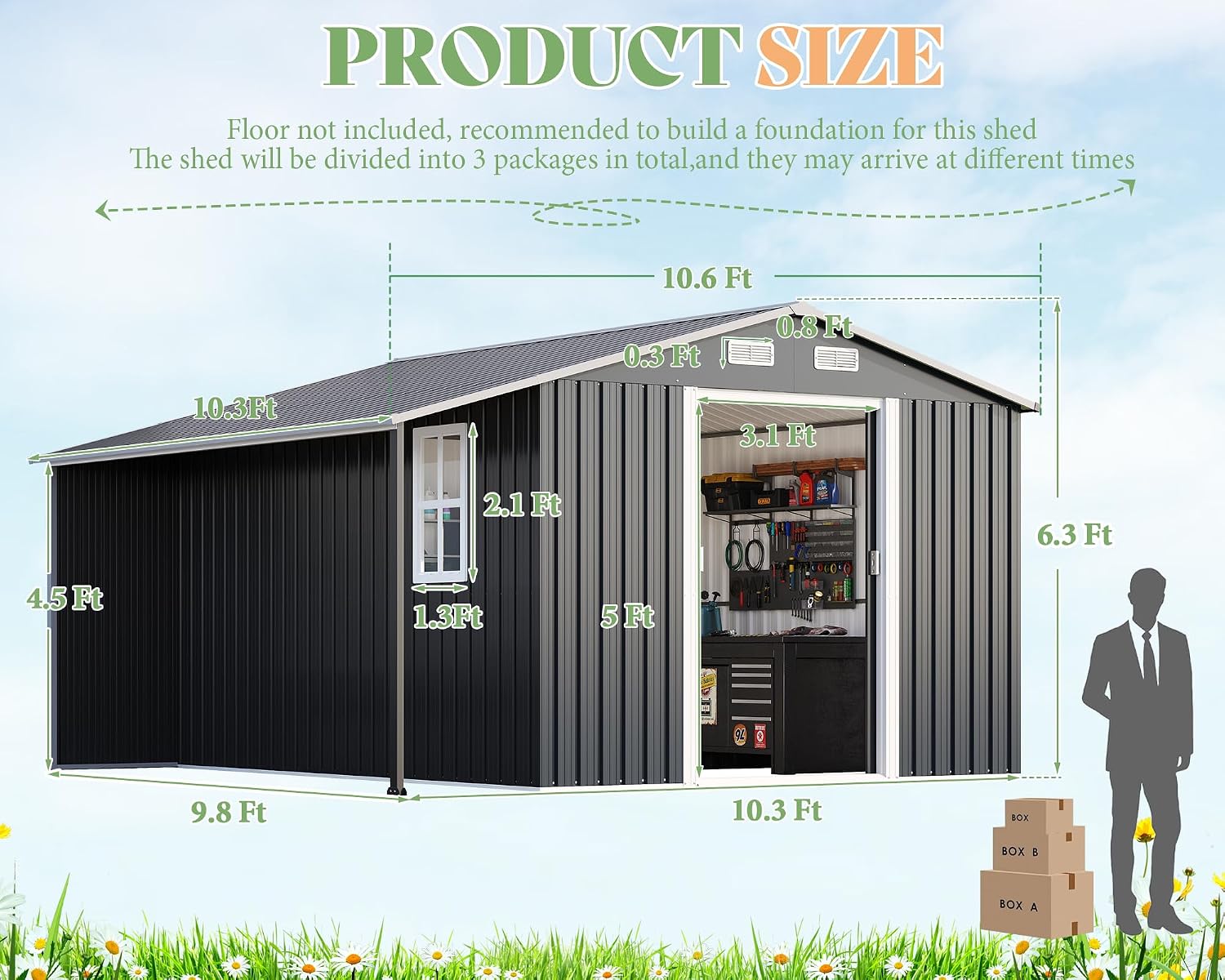 AMERLIFE 10.6x10.3x6.3 FT Galvanized Metal Storage Shed with Open Firewood Storage, Sliding Doors & Ramp, 2 Ventilated Windows, Weather-Resistant Outdoor Tool & Garden Shed, Dark Gray