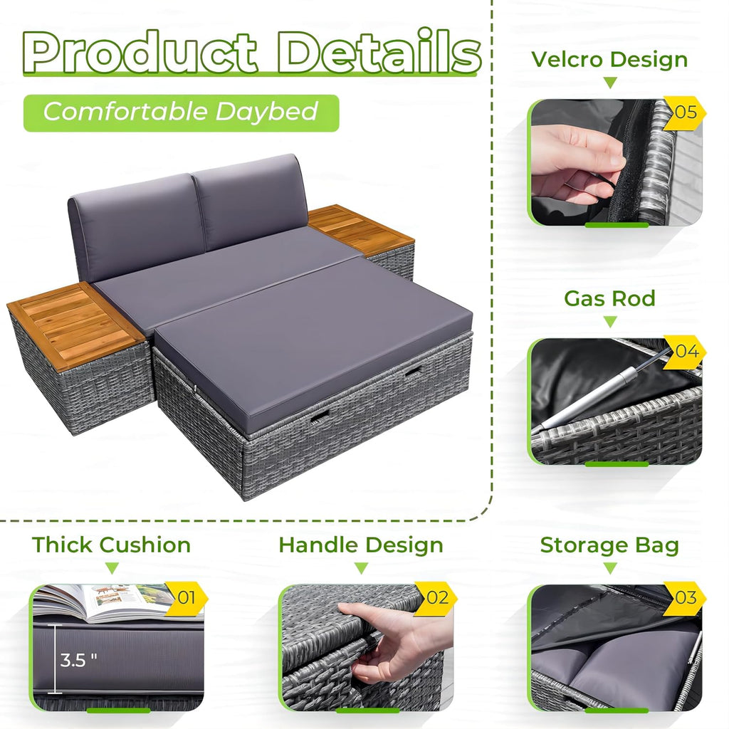 Greesum Outdoor Daybed Set Multifunctional Wicker Lounge Bed Furniture with Two Side Tables, Cushions, Storage Bench for Porch Lawn Patio Beach, OneSize, Gray