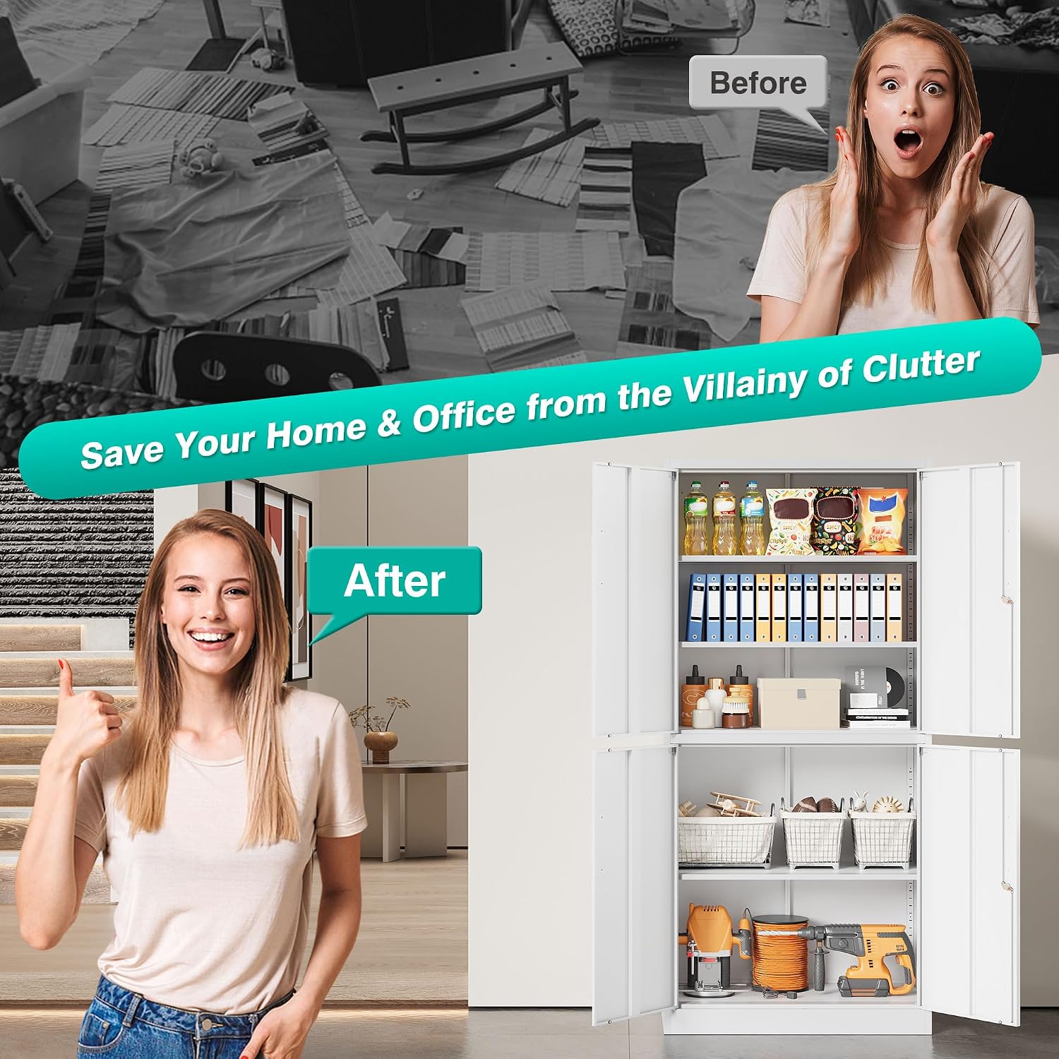 Metal Storage Cabinet with 3 Adjustable Shelves,White Storage Cabinet with Lock,71' Lockable Metal Cabinets with Locking Doors,Tall Steel Pantry Cabinets 4 Door for Home,Office,Garage,Bathroom,Kitchen