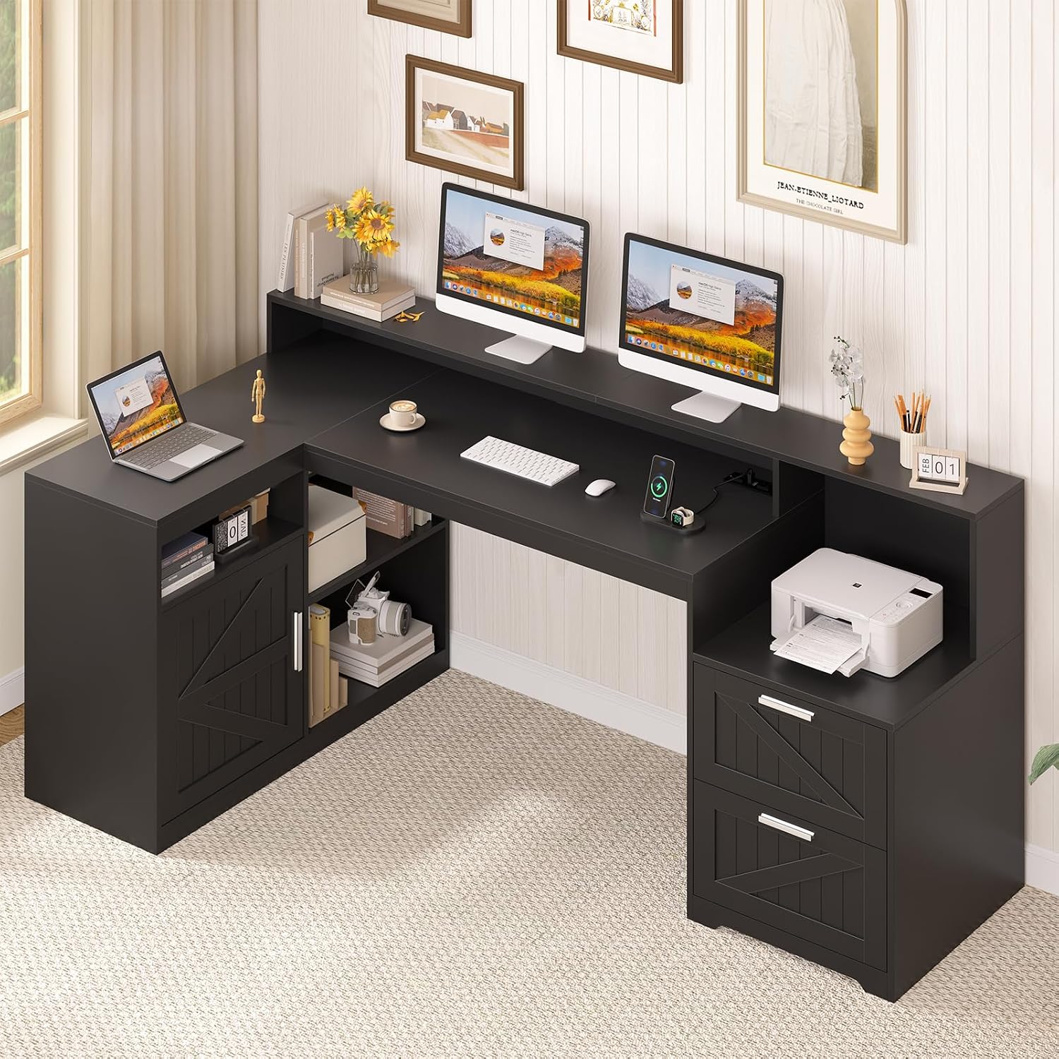 TVU Farmhouse L Shaped Desk with Drawers, 62.2' Home Office Desk with Storage Shelves and Power Outlet, L Shaped Computer Desk with Monitor Stand and Printer Shelf, Black