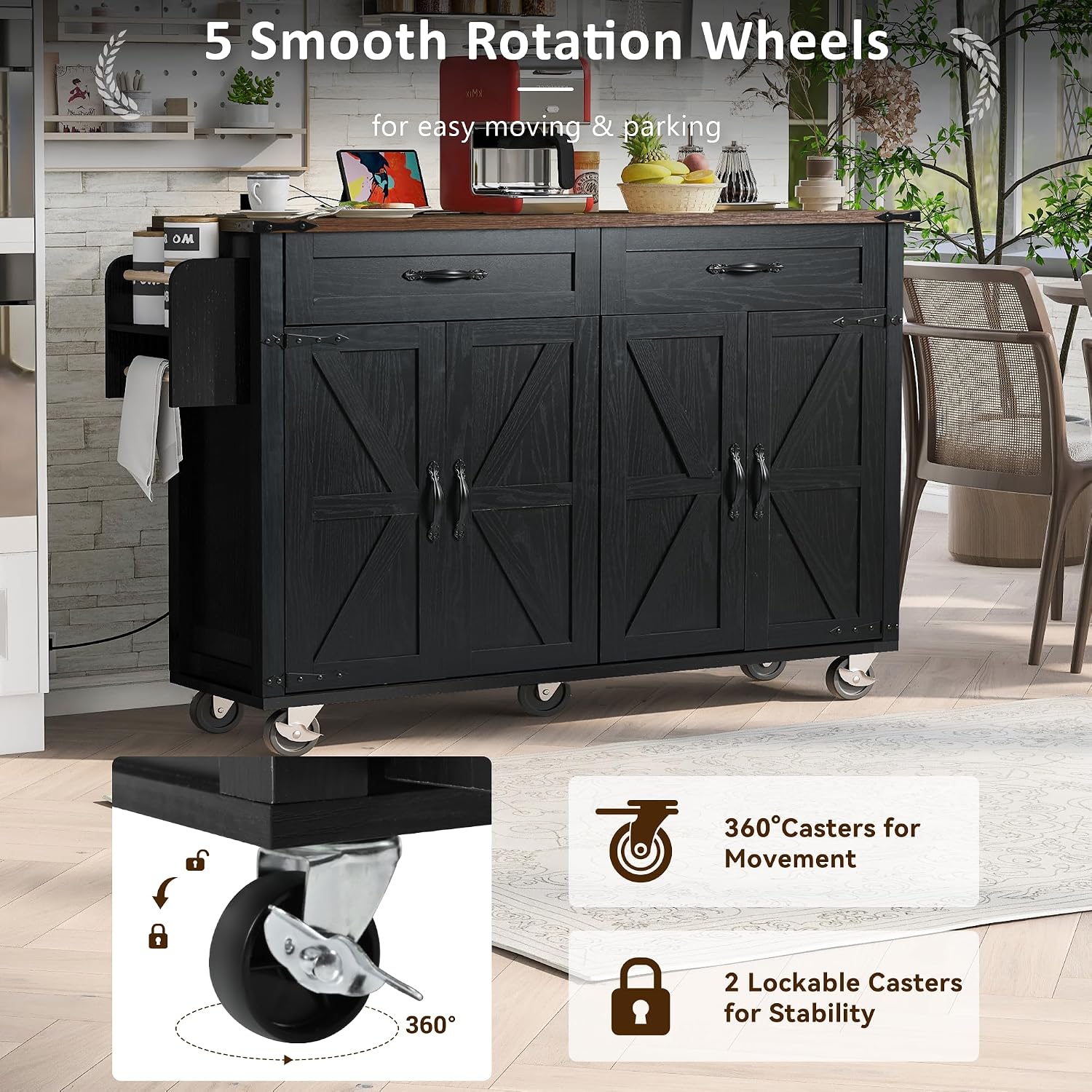 53.5''Farmhouse Kitchen Island with Power Outlet, Kitchen Storage Island with Drop Leaf, Spice Rack and Drawer, Rolling Kitchen Cart on Wheels, for Home, Living Room and Dining Room, Black