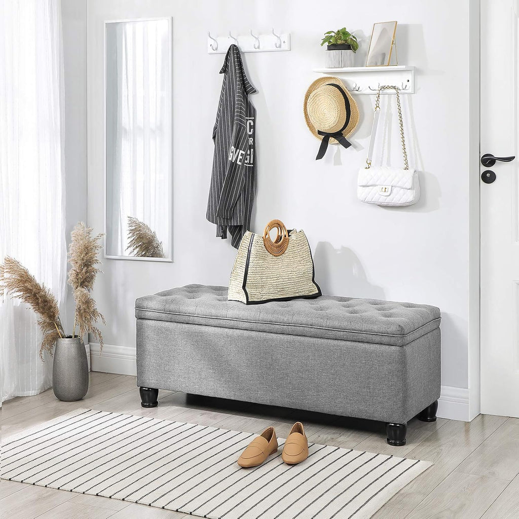 SONGMICS Storage Ottoman, Storage Bench, Tufted Entryway Bedroom Bench, 17.7 x 46.5 x 17.7 Inches, Hinges Easy Lid Operation, Wooden Legs, Linen-Look Cover, Loads 330 lb, Light Gray ULOM070G02