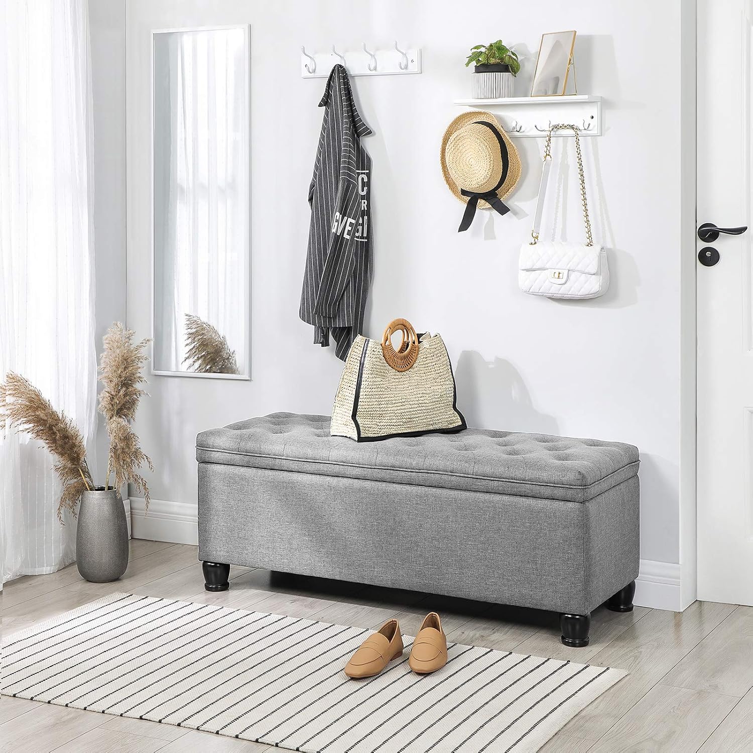 SONGMICS Storage Ottoman, Storage Bench, Tufted Entryway Bedroom Bench, 17.7 x 46.5 x 17.7 Inches, Hinges Easy Lid Operation, Wooden Legs, Linen-Look Cover, Loads 330 lb, Light Gray ULOM070G02