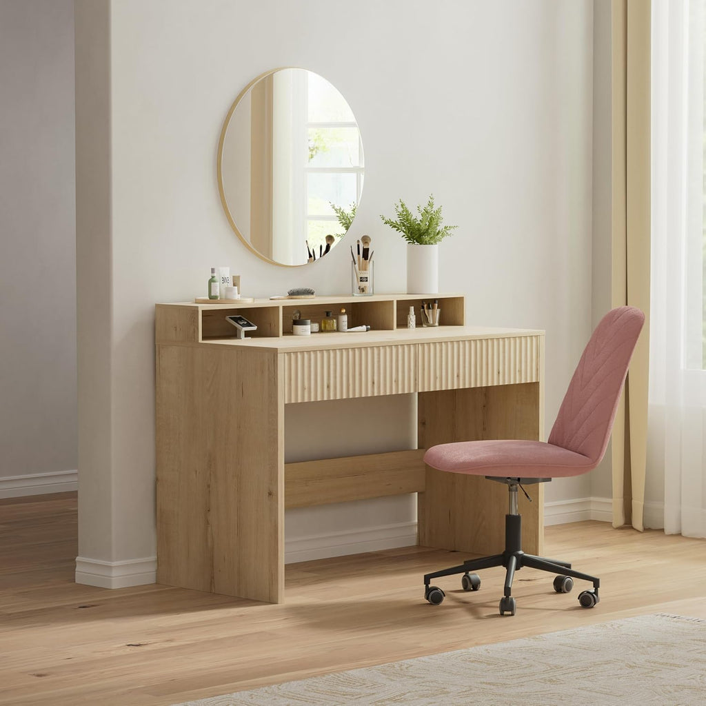 47' Executive Desk with Fluted Drawer, Modern Wood Home Office Desk with Long Monitor Stand and 2 Drawers, Computer Writing Desk for Study Office Vanity, Light Oak