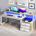 MaverickFurni 67' Home Office Desk with Drawers, Reversible Computer Desk with Moniter Stand and LED Lights, Long Desk with Printer Shelf, White and Walnut