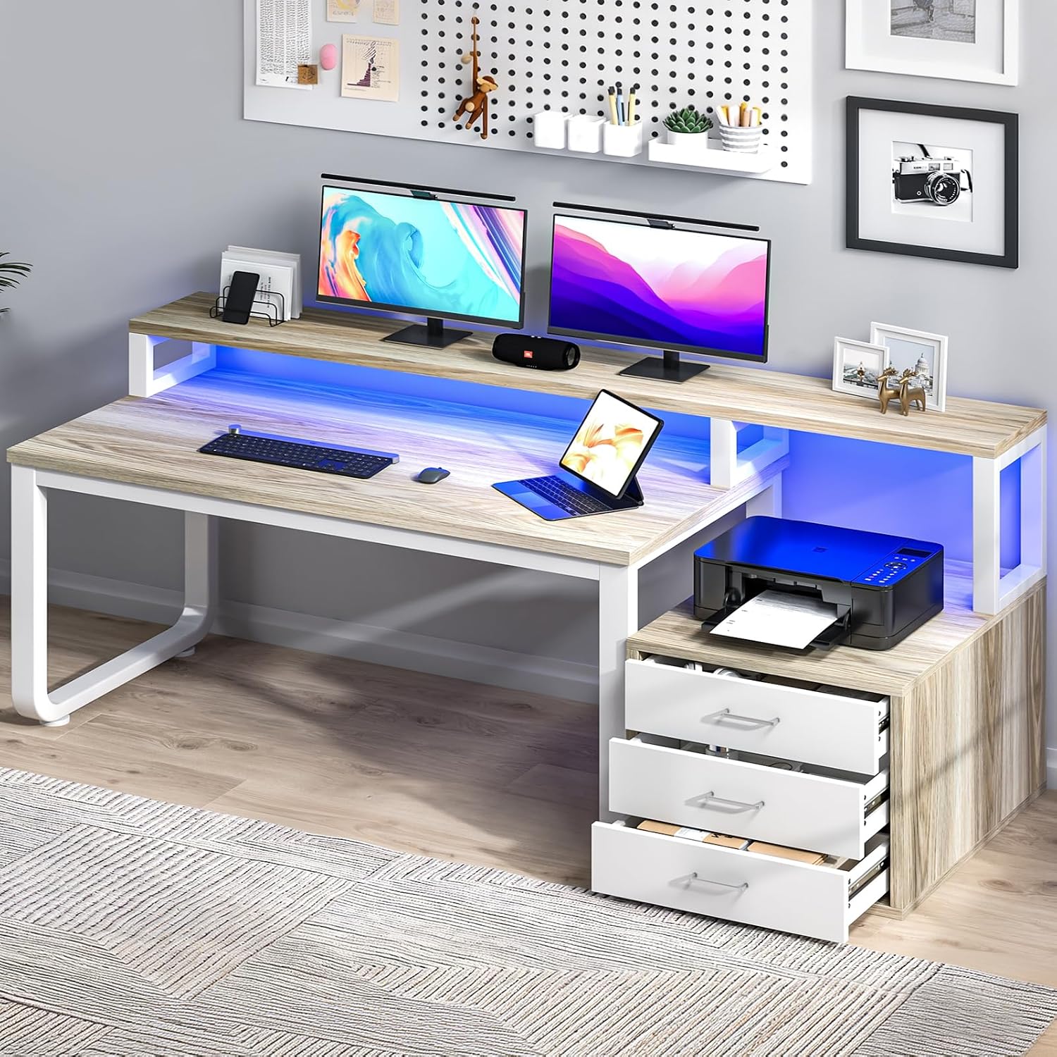 MaverickFurni 67' Home Office Desk with Drawers, Reversible Computer Desk with Moniter Stand and LED Lights, Long Desk with Printer Shelf, White and Walnut