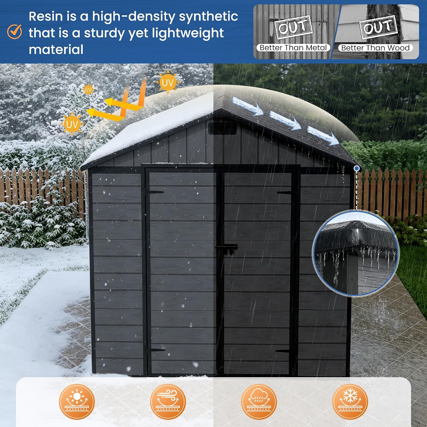 Amopatio 8X12 FT Resin Storage Shed with Floor Included, Plastic Outdoor Shed with Lockable Door, Window & Vents, for Lawnmower, Garden Tools, Pool Supplies, Dark Grey
