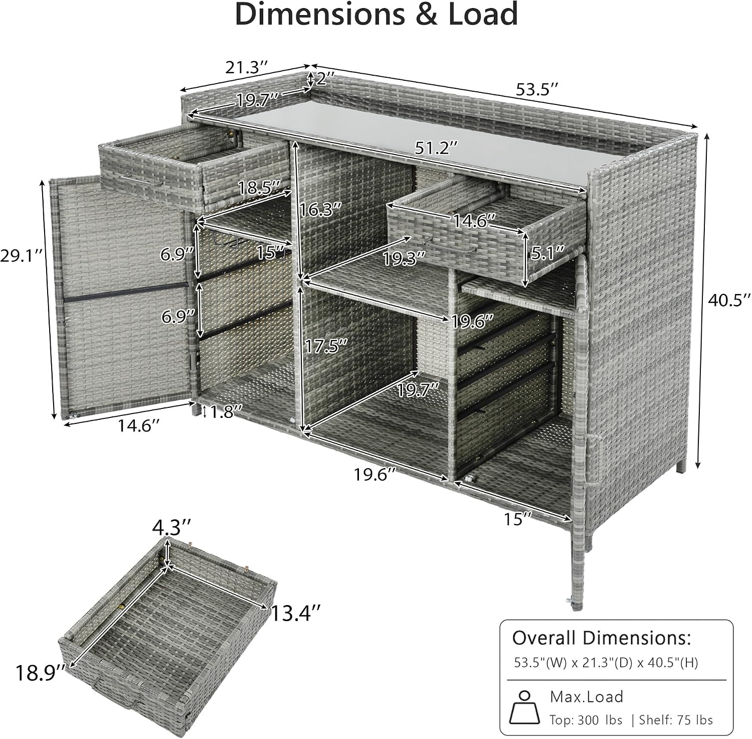 53.5' W Outdoor Wicker Storage Cabinet with Fridge Space, Weatherproof Patio Mini Fridge Bar Cabinet with Adjustable Shelves & Drawers for Outdoor Pool, Towel Storage, Garden, Kitchen, Grey