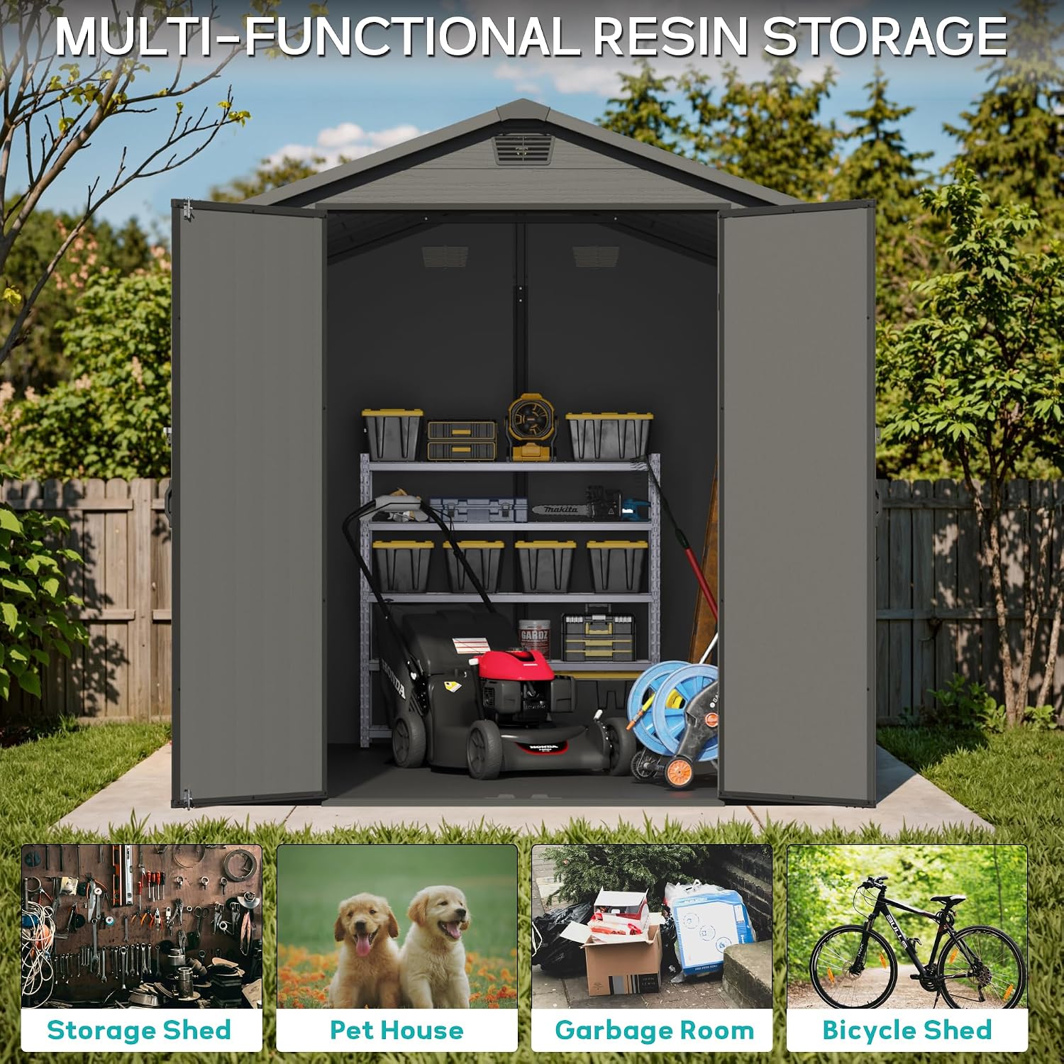 Greesum 6x10FT Plastic Storage Shed with Floor, Resin Outdoor Storaged Sheds with Lockable Double Door, Window and Vents, All-Weather Tool Sheds for Garden, Backyard, Patio, Dark Gray
