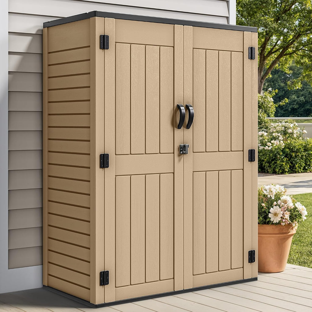 YITAHOME 59 Cuft Outdoor Tall Storage Shed, Waterproof Vertical Resin Shed for Garden, Garage, Patio, Lockable Tool Storage, No Shelves Included, Brown