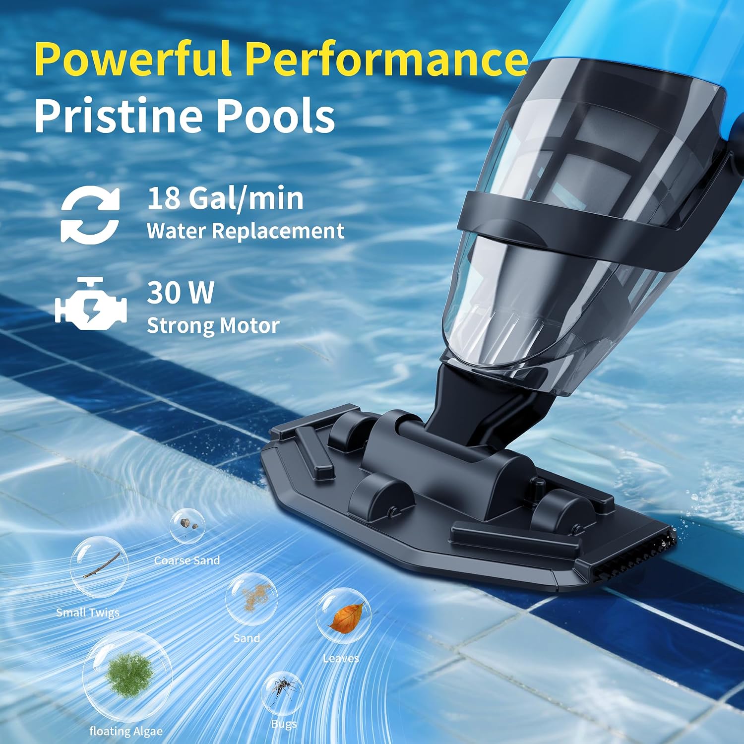 Cordless Rechargeable Pool Vacuum for Above & In-Ground Pools – 18GPM Suction, 90 Min Runtime, Fast 3H Charge, 69' Telescopic Pole – Deep Clean for Spa, Hot Tub, Sand, Leaves, Debris (Blue)