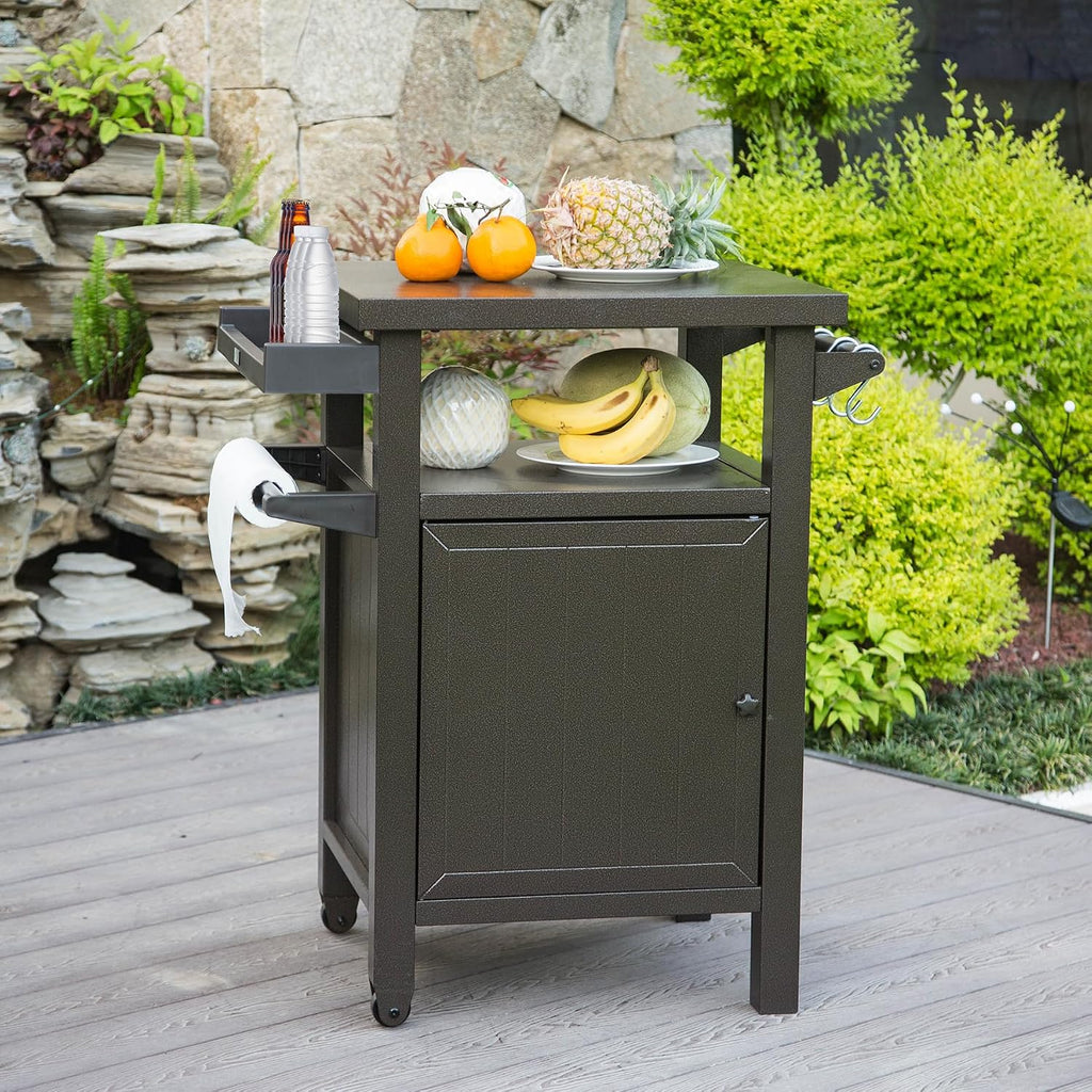 Domi Grill Carts Outdoor with Storage and Wheels, Whole Metal Portable Table and Storage Cabinet for BBQ,Deck,Patio,Backyard(Brown)