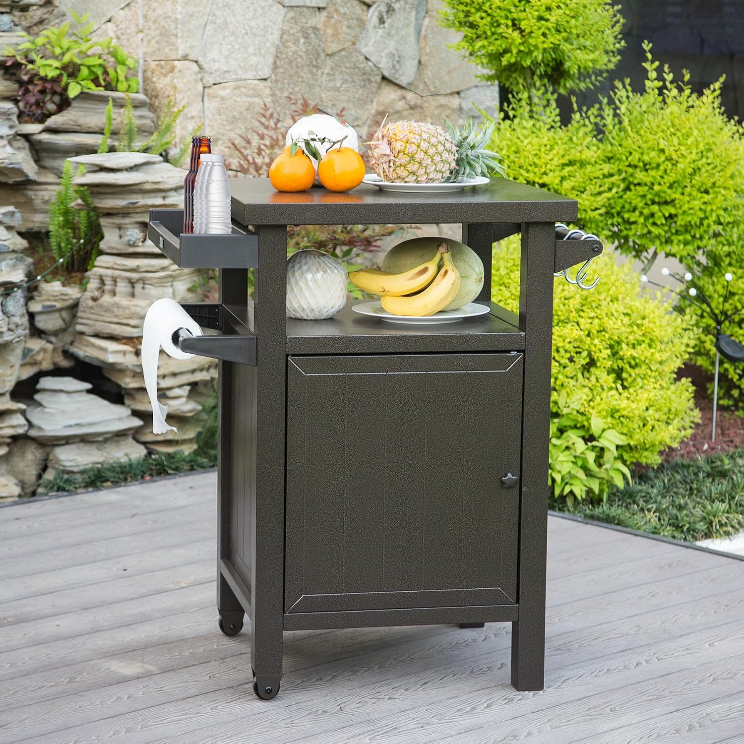Domi Grill Carts Outdoor with Storage and Wheels, Whole Metal Portable Table and Storage Cabinet for BBQ,Deck,Patio,Backyard(Brown)