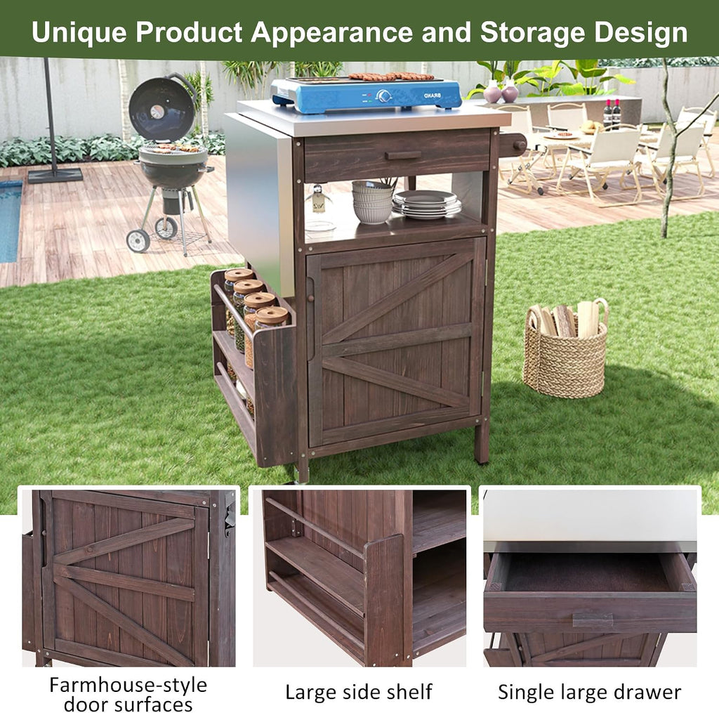 40.5' Outdoor Grill Cart with Stainless Steel Top, Solid Wood Outdoor Storage Cabinet with Drop Leaf, One Drawer, Towel Rack, Rolling Kitchen Cart with Lockable Wheels for Lawn Garden, Brown