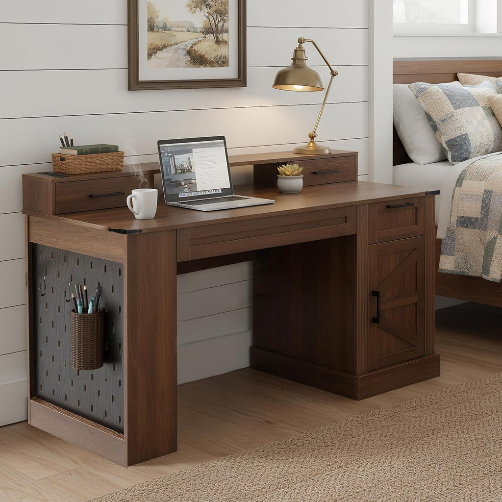 55' Farmhouse Office Desk with Storage Cabinet & Drawers, Computer Writing Desk with Power Outlet, Monitor Stand & Pegboard, Built-in Shelves and Keyboard Tray for Study, Home Office (Walnut)