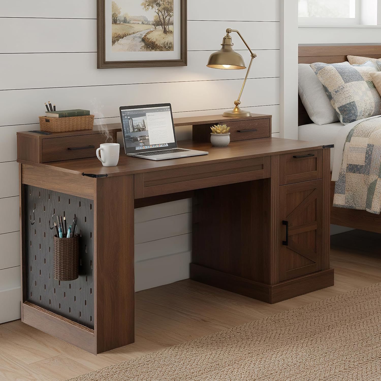 55' Farmhouse Office Desk with Storage Cabinet & Drawers, Computer Writing Desk with Power Outlet, Monitor Stand & Pegboard, Built-in Shelves and Keyboard Tray for Study, Home Office (Walnut)