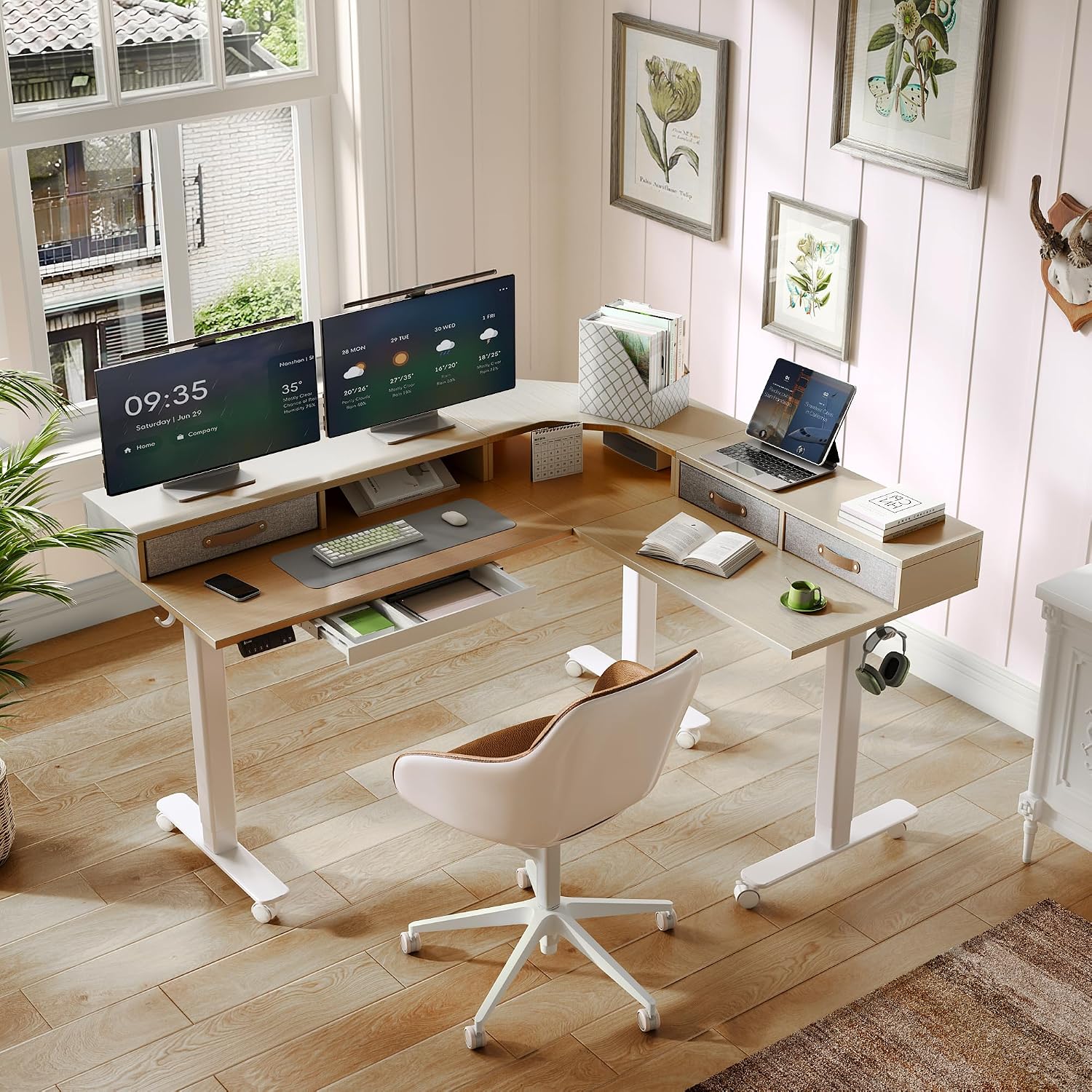 YDN Dual Motor 63' L Shaped Standing Desk with Drawers, Electric Height Adjustable Standing Desk with Monitor Stand & Splice Board, White Frame/Nature Top