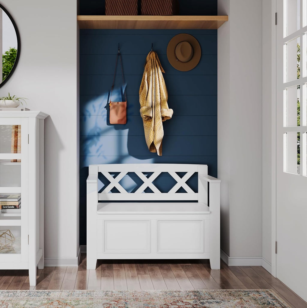 SIMPLIHOME Amherst Entryway Storage Bench - 36 inch Wide Solid Wood Hallway Bench in White, Transitional Bench for Entry or Mudroom with Lift-Up Lid, Storage Compartments and X-Back Detail