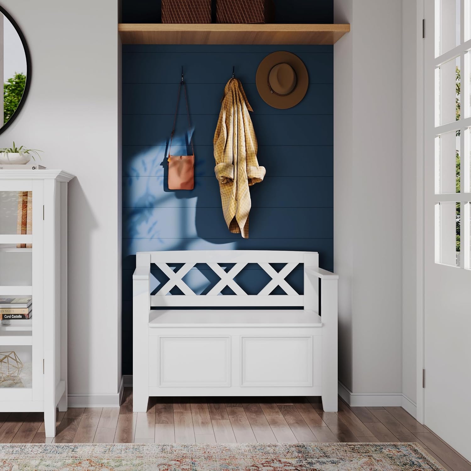 SIMPLIHOME Amherst Entryway Storage Bench - 36 inch Wide Solid Wood Hallway Bench in White, Transitional Bench for Entry or Mudroom with Lift-Up Lid, Storage Compartments and X-Back Detail