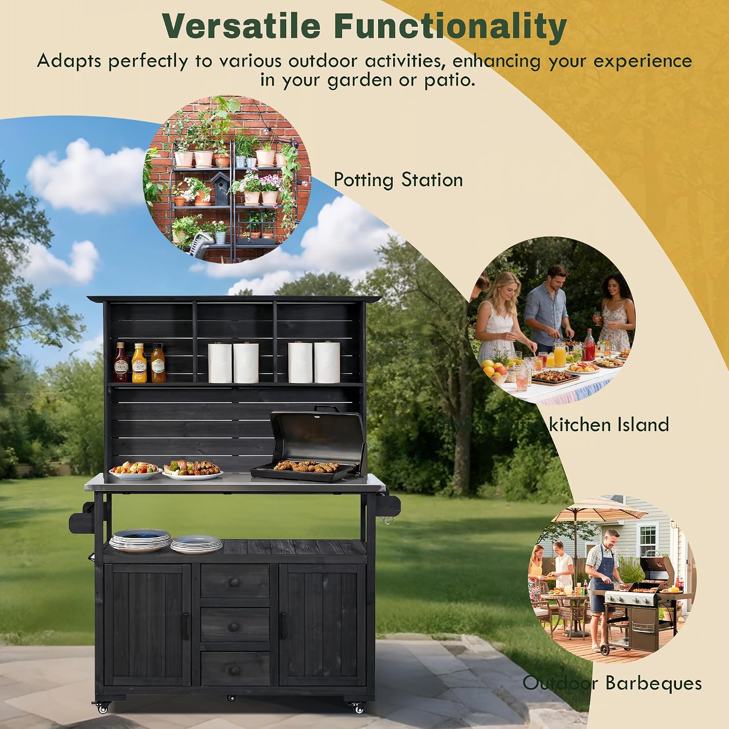 65''H Large Garden Potting Bench, Solid Fir Wood Outdoor Kitchen Island with Lockable Wheels, Stainless Steel top, Drawers, Shelf and Cabinets, Door Shelves and Hutch for Grilling (Black-113)