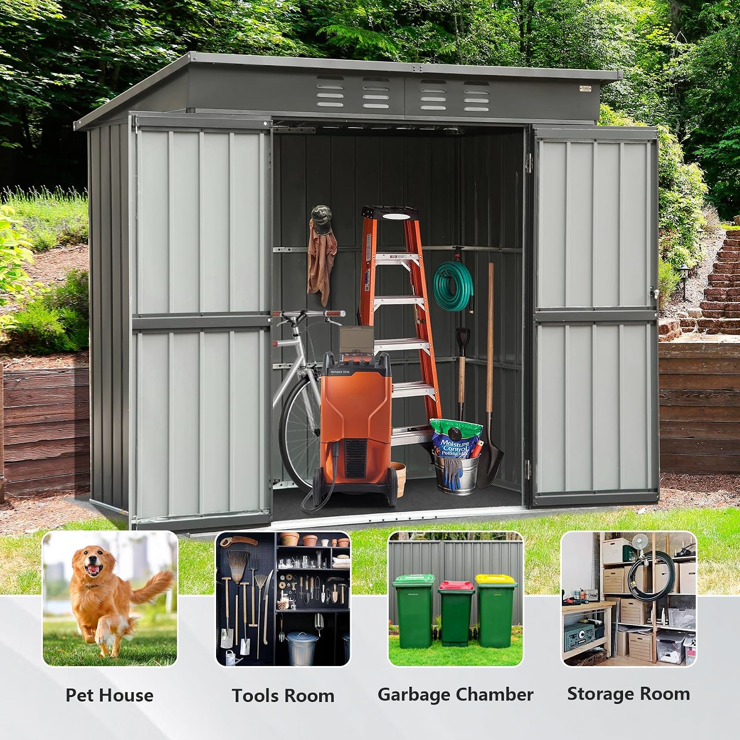 Domi 6 x 4 FT Outdoor Storage Shed, Metal Garden Shed for Bike, Trash Can, Tool, Lawn Mowers, Pool Toys, Lockable Outdoor Storage Cabinet Galvanized Steel for Backyard, Patio, Lawn Dark Gray