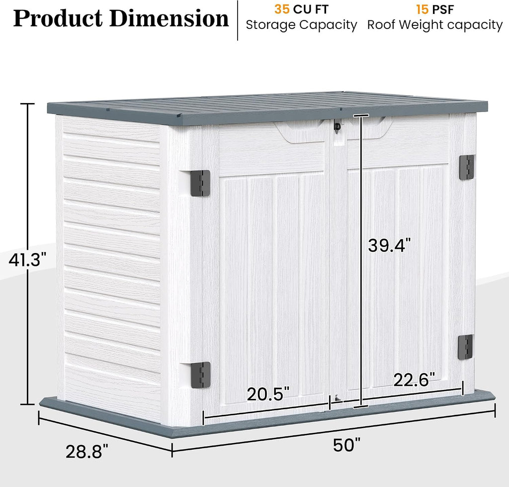 Amopatio Premium Resin 35 Cu Ft Outdoor Storage Shed, Horizontal Resin Trash Can Storage, Weather Resistance Outdoor Cabinet W/Lock Shed for Garbage Cans, Garden Tools, Lawn Mowers,Patio,White