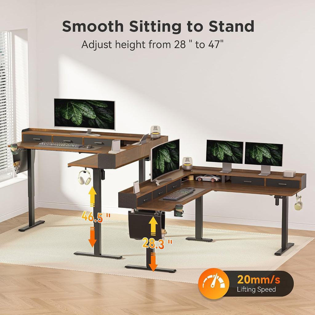 WALKINGDESK 75 Inches Height Adjustable L Shaped Standing Desk with 5 Drawers and Monitor Shelf, Electric Sit to Stand Home Office Comupter Table, Ergonomic Corner Gaming Desk, Black Walnut