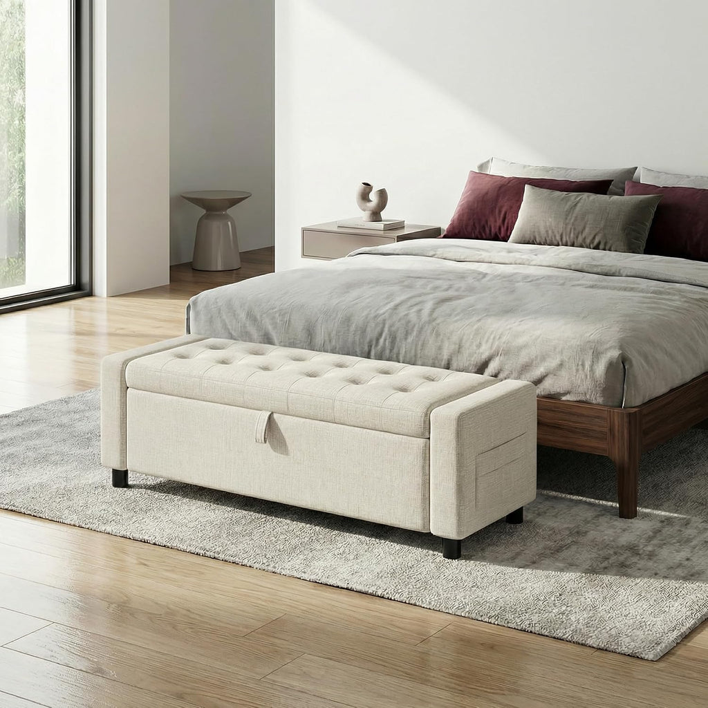 Amada 46' Storage Ottoman Bench with Safety Hinge, Hidden Compartment & Side Pocket - Upholstered End of Bed/Entryway Bench for Bedroom & Living Room, 400 lbs Weight Capacity, Beige