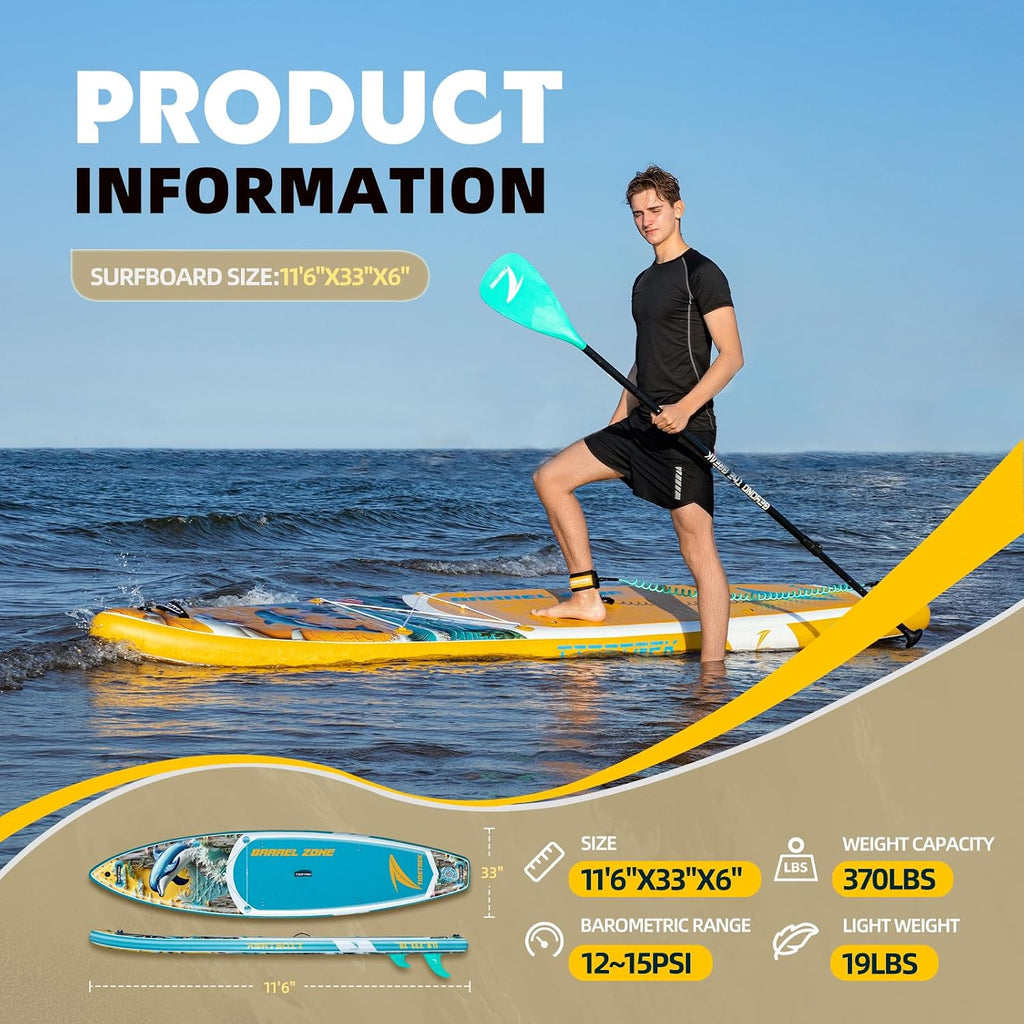 11'/11'6' x 33'/34' x 6' Inflatable SUP Paddle Board – Extra-Wide, Stable Stand Up Paddle Board with Premium Full Accessory Set for Adults & Youth