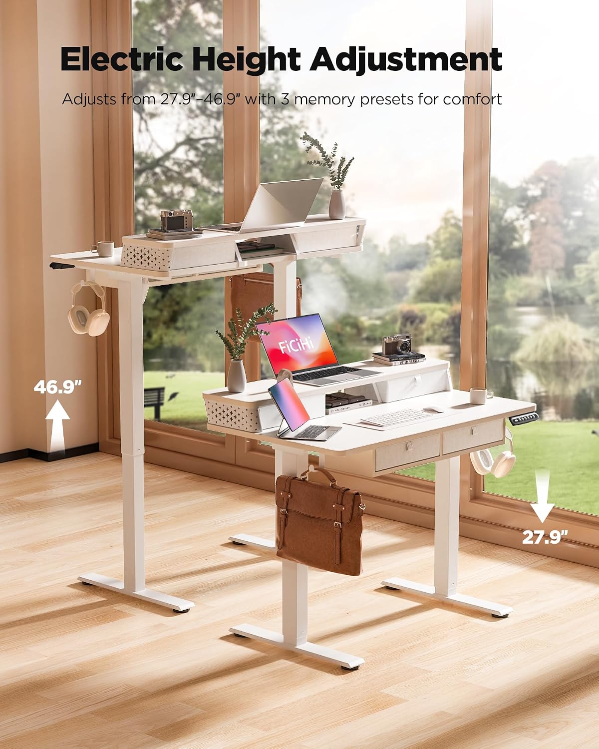 FiCiHi Electric Standing Desk with Four Drawers, 40 x 24 Inch Adjustable Height Sit Stand Desk, C-Clamp Compatible Home Office Desk with Storage Shelf & Monitor Stand Riser, White