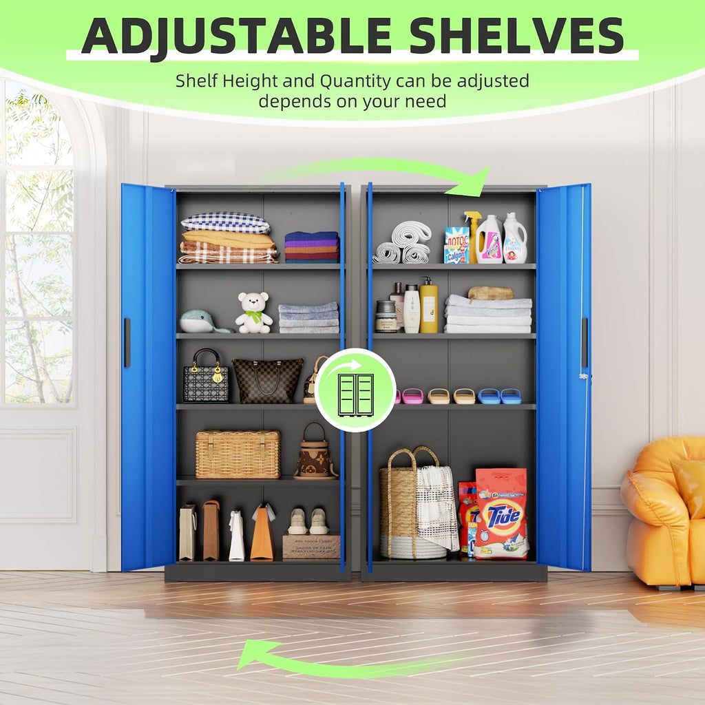 Bonusall 72' Metal Garage Storage Cabinet, 2 Locking Doors & 4 Adjustable Shelves Tall Storage, Heavy Duty Steel Tool Cabinet for Home, Office, Warehouse, School - Black Blue
